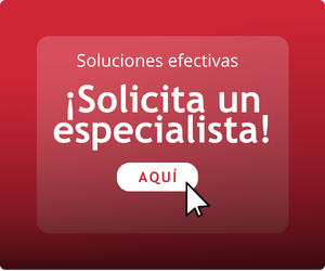 Tarjeta roja con el texto 'Soluciones efectivas' y '¡Solicita un especialista!', con un botón blanco 'AQUÍ' y un cursor señalando.