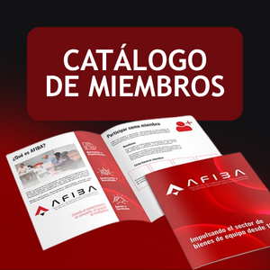 Banner that reads 'Catálogo de Miembros' above open AFIBA brochures and a red folder, indicating a members catalog feature.