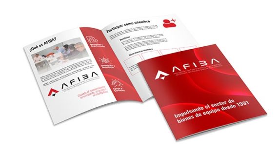 Tri-fold promotional brochure for AFIBA, featuring a red cover with the AFIBA logo and slogan; interior pages show membership info and 'Qué es AFIBA?' section