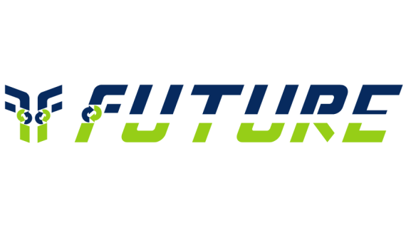 Brand logo with a blue-and-lime cube mascot on the left and bold blue and lime-green wordmark reading 'GIT TIDE FUTURE' or similar. The left icon hints at a tech/robotic theme, followed by a stylized text logo in two colors (blue and lime).