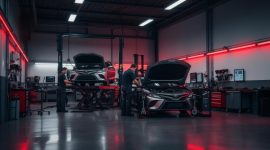 Two cars on lifts in a dimly lit auto repair shop, technicians inspecting engines with open hoods.
