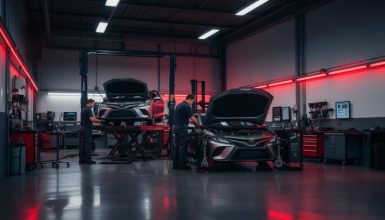 Two cars on lifts in a dimly lit auto repair shop, technicians inspecting engines with open hoods.