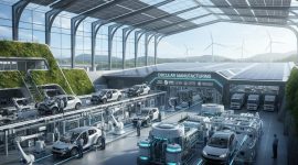 Futuristic car factory with autonomous robots assembling vehicles on a moving conveyor inside a glass-roofed facility.