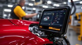 Close-up of a red car body with a diagnostic screen displaying vehicle data in a factory setting.