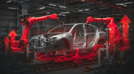 Automated car assembly line with red robotic arms assembling a silver car body in a factory setting in dim lighting.